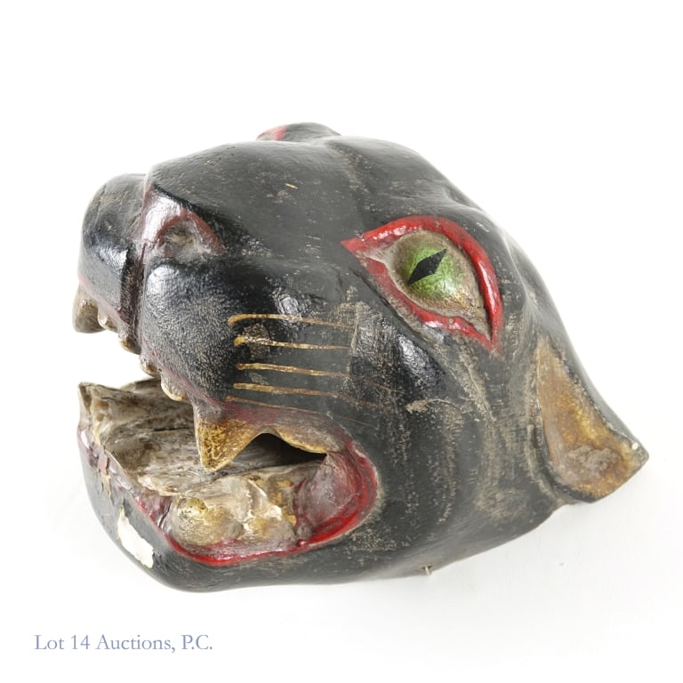 Antique Handmade Wooden Panther Mask: Antique, unsigned wooden mask representing a black panther. Appears to be handmade and hand-painted. Twine tied in back to hold in place. Some of the paint has faded or chipped away from age, but it's