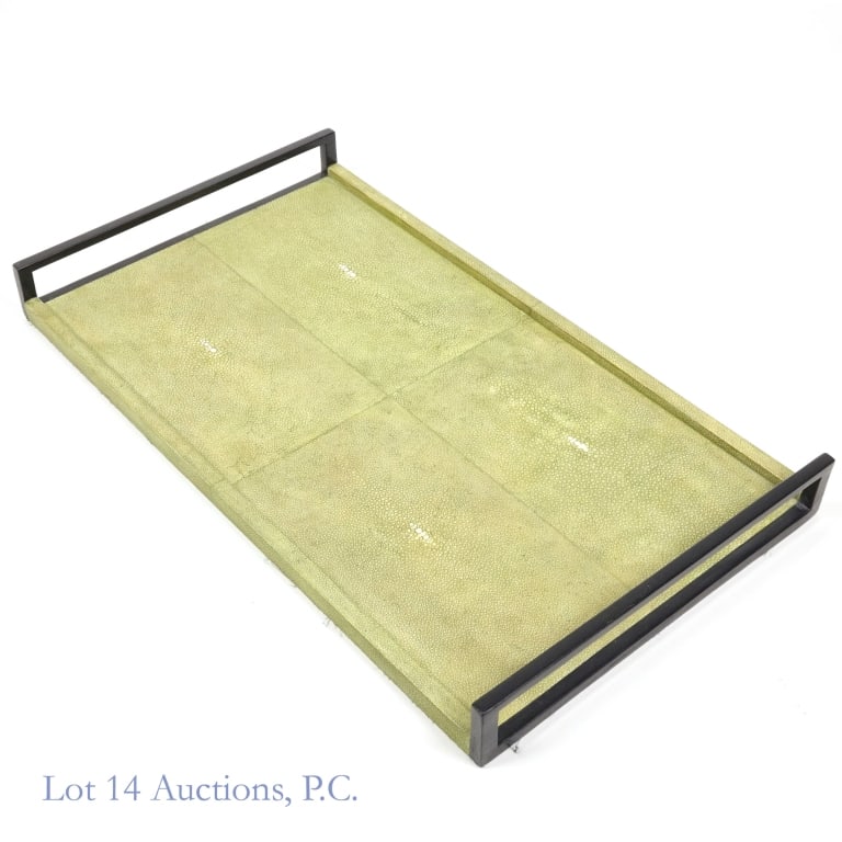 R&Y Augousti Paris Green Shagreen (Stingray) Tray: Vintage R&Y Augousti Paris Shagreen Tray in green. Silk top shows signs of wear, but the underside with the shagreen itself still looks very good. Please see photos for condition and details. Dimensio