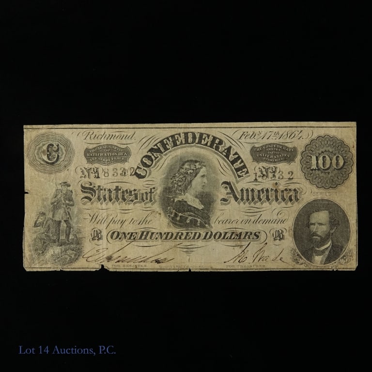 1864 Confederate States of America (CSA) $100 Note: (T-65) 1864 Confederate States of America Lucy Holcombe $100 note. Dated Feb 17, 1864. Richmond s/n 18332. Features Lucy Holcombe the "Queen of the Confederacy". The only woman to be featured on CSA c
