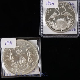 Bahamas 1971 $5 & 1973 $2 92% Silver Proof Coins