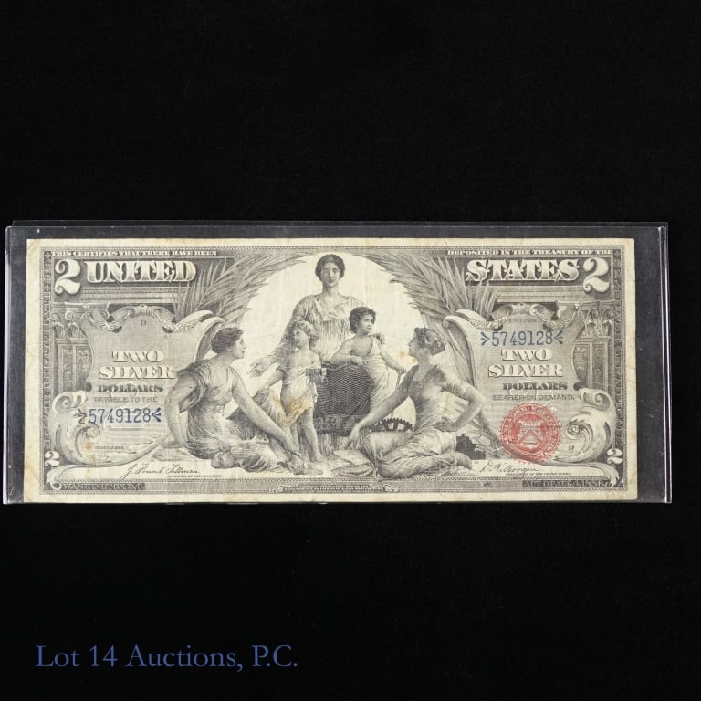 1896 USA $2 Silver Cert Small Red Seal (F+): (F-247) United States series 1896 large size $2 silver certificate with small red seal, the "educational series". (Signatures: Tillman / Morgan.) S/N 5749128. Obverse engraved by Charles Schleck and G
