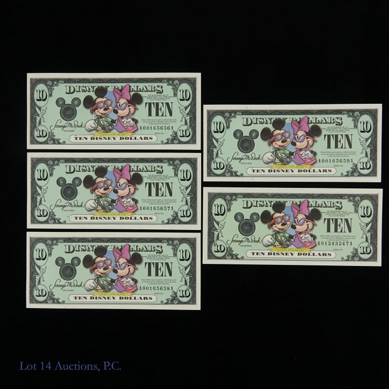 2001 $10 Disney Dollar Notes CU (5): Five (5) United States ungraded series 2001 $10 Mickey and Minnie Mouse Disney dollar notes with mostly sequential serial numbers as follows: ---A00165656A to A00165659A, and A01243247A. Per consigner