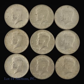 1964 USA Kennedy 90%-Silver Half Dollars (9)