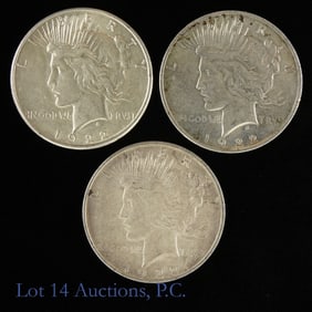 1922 P, D, S USA Silver Peace Dollars (3)