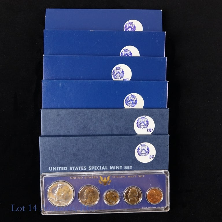 1967 (S) USA 40%-Silver Special Mint Sets (7): Seven (7) 1967 (S) United States Mint 40%-silver 5-coin special mint sets in original cases. Sets feature proof like coins and were struck in years when no proof sets were made. Kennedy half dollar's 