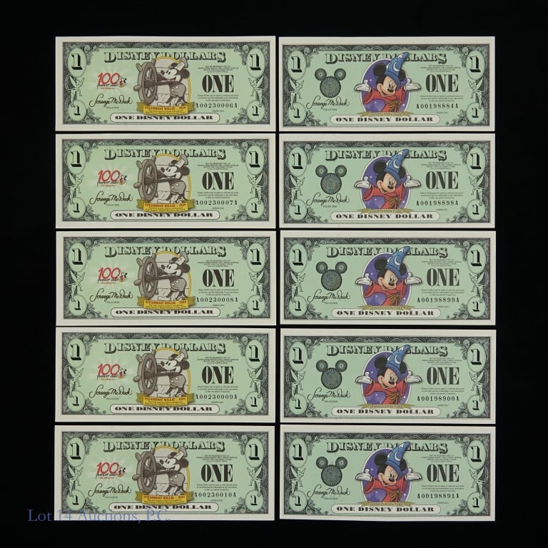 2001 - 2002 Disney Dollar Notes Seq S/Ns CU (10): Ten (10) United States ungraded Disney dollars with mostly sequential serial numbers as follows: ---2001 $1 Mickey Mouse (A-00198884-A, A-198898-A to A-00198891-A) (5); and ---2002 $1 Steamboat Willie