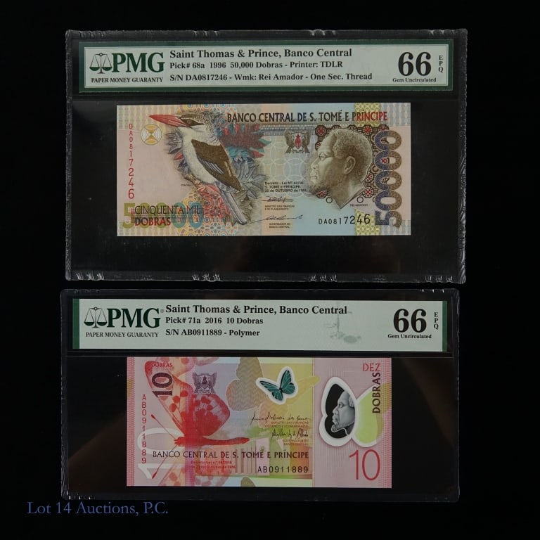 1996 & 2016 Sao Tome and Principe Bank Notes, 2: Two (2) Sao Tome and Principe PMG graded world central bank notes as follows: ---series 1996 50,000 dobras note (PMG 66); and ---series 2016 10 dobras note (PMG 66). *** Lot 14 Auctions is not a profe