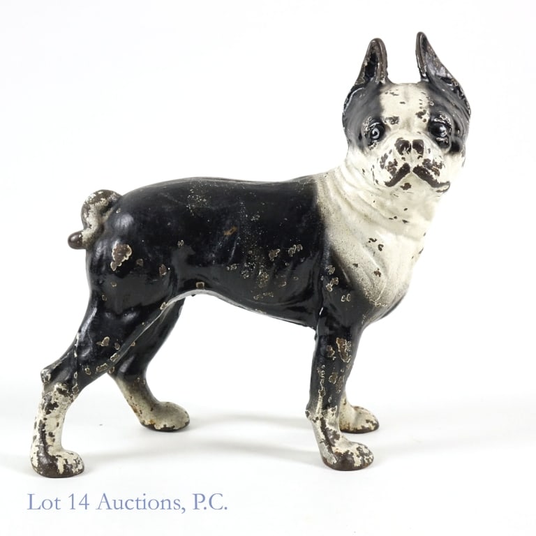 Vintage Hubley Cast Iron Boston Terrier Door Stop: Vintage Hubley cast iron Boston Terrier door stop. Original paint. Measures approximately 10" x 9.5". Weighs approximately 7lbs. See photos for details.