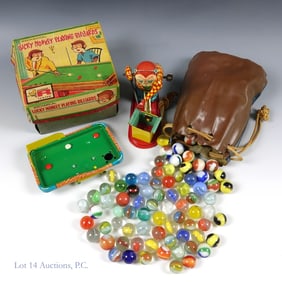 Vintage Marbles (150+) & Lucky Monkey Wind Up Toy
