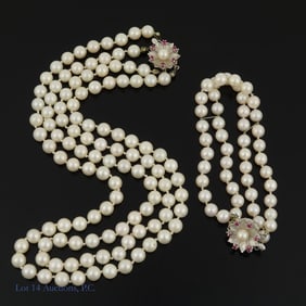 14K W Gold Pearl Necklace Bracelet Set