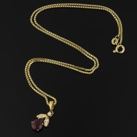 18K Y Gold Diamond Ruby Pendant + 14K Chain