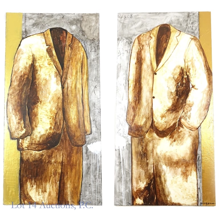 Large Young June Lew Diptych, 80" X 80": LOCAL PICK UP OR THIRD PARTY SHIPPING ONLY. Two huge mixed media pieces by Korean artist Young June Lew depicting two empty standing suits. Each is 80 x 40" When placed side-by-side, 80 x 80". The fir