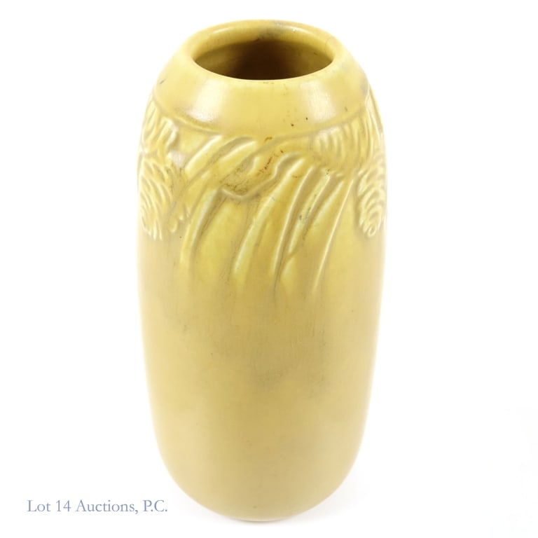 Rookwood #1889 Pinecone Vase in Yellow: Vase from Rookwood Pottery with a yellow glaze. Shape number 1889, dated 1920. Decoration of pinecones and pine needles around the neck. Approximately 6.5" tall. Some very minor hairline cracks from a