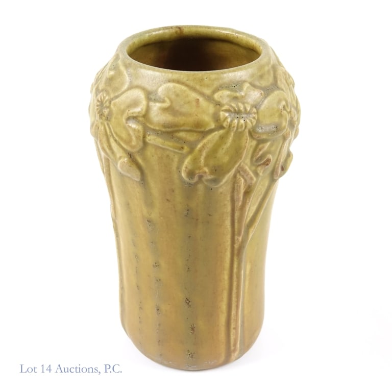 Rookwood #1370 Dogwood Vase in Yellow/Green: Vase from Rookwood Pottery with a yellow-green glaze. Shape number 1370, undated but likely made in the late 1910s. Decoration of dogwood flowers around the neck. Approximately 7" tall. Some minor sig