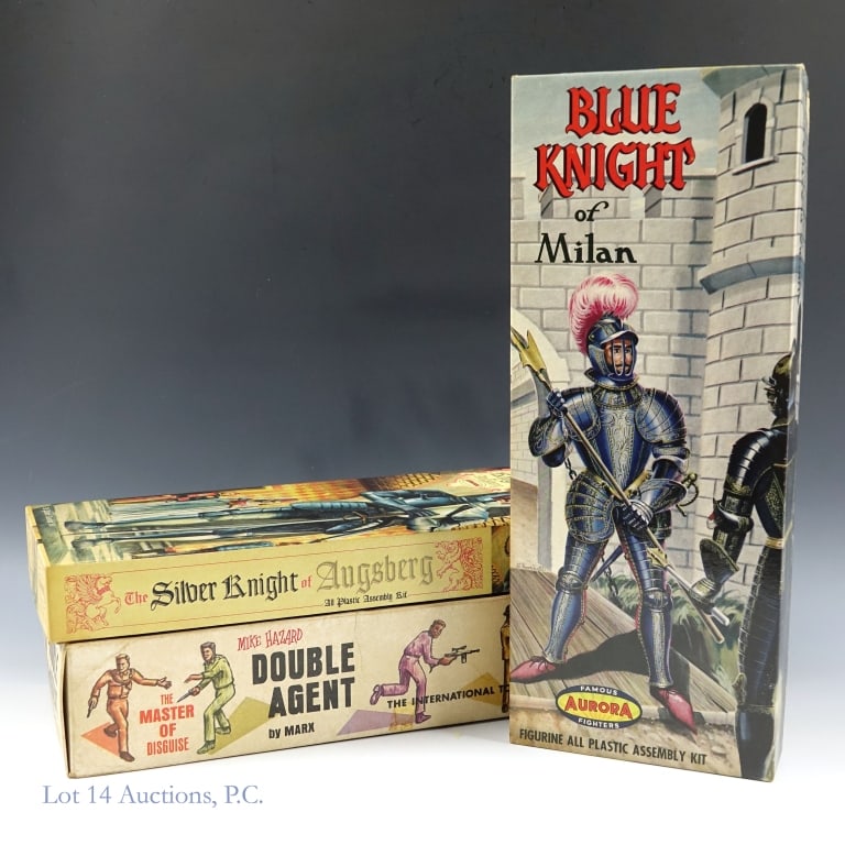 Vintage Aurora Knights Model Kits, Mike Hazard: Vintage model assembly kits - Aurora 1957 Blue Knight Of Milan and 1963 Silver Knight of Augsberg. Unbuilt in original boxes. ****** Marx Mike Hazard Double Agent action figure. In original box.