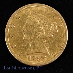 1887-S USA $5 90%-Gold Half Eagle (ASW 0.24 Ozt.)