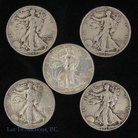 1935-1942 USA W/L 90%-Silver Half Dollars (5)