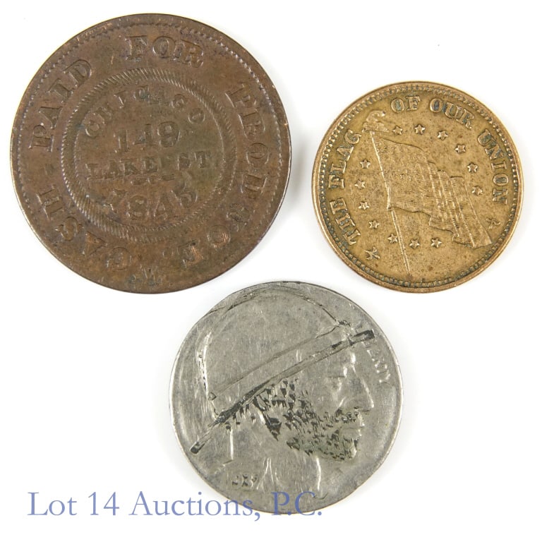 1845 HT & 1863 Civil War Tokens, Hobo Nickel (3): Three (3) United States exonumia items as follows: ---rare 1845 Hard Times (HT) token: obverse "Burbank & Shaw groceries & crockery dealers in dry goods, and reverse: "paid for product cash Chicago 14