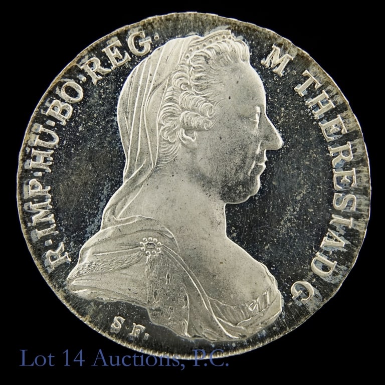 (1780) Austria Maria Theresa Thaler Restrike Prf: (1780) Austria restrike Maria Theresa Thaler bullion coin. Per consigner, in cameo proof condition. a highly popular crown-size coin. Metal is 83.3%-silver with ASW of 0.7517 ozt. *** Lot 14 Auctions 