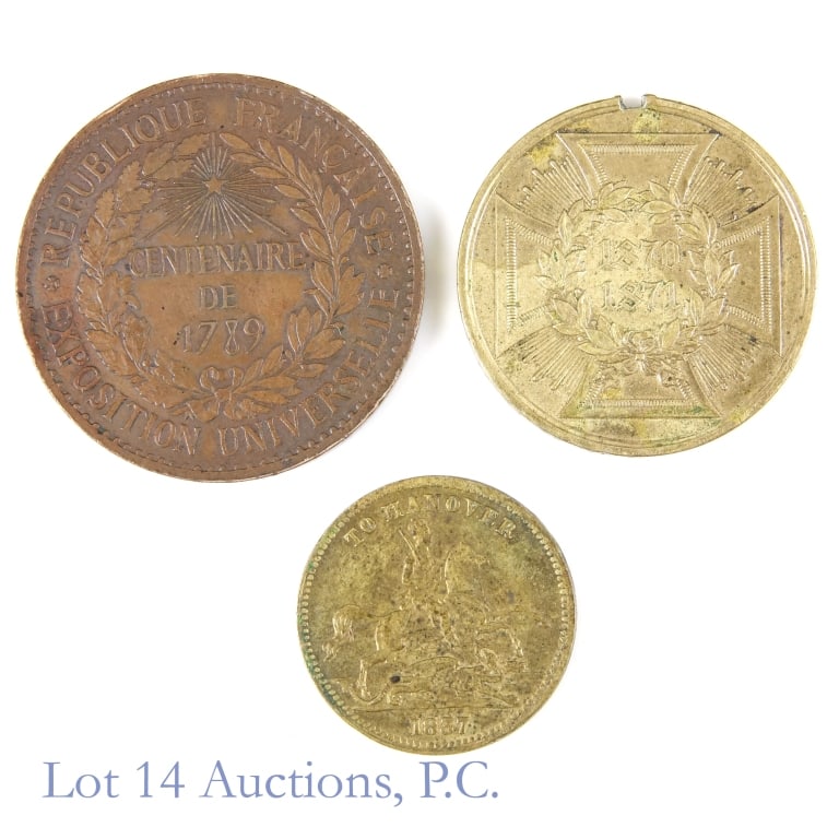 1837 - 1879 European Commemorative Medals (3): Three (3) European commemorative medals as follows: ---1837 brass satirical "Cumberland Jack" Queen Victoria "1856" medal. Reverse correctly dated 1837 "to Hanover". Issued around 1837, not 1856, comm