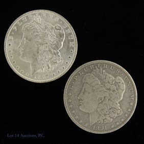 1887 & 1891 (P) USA Morgan 90% Silver Dollars, 2