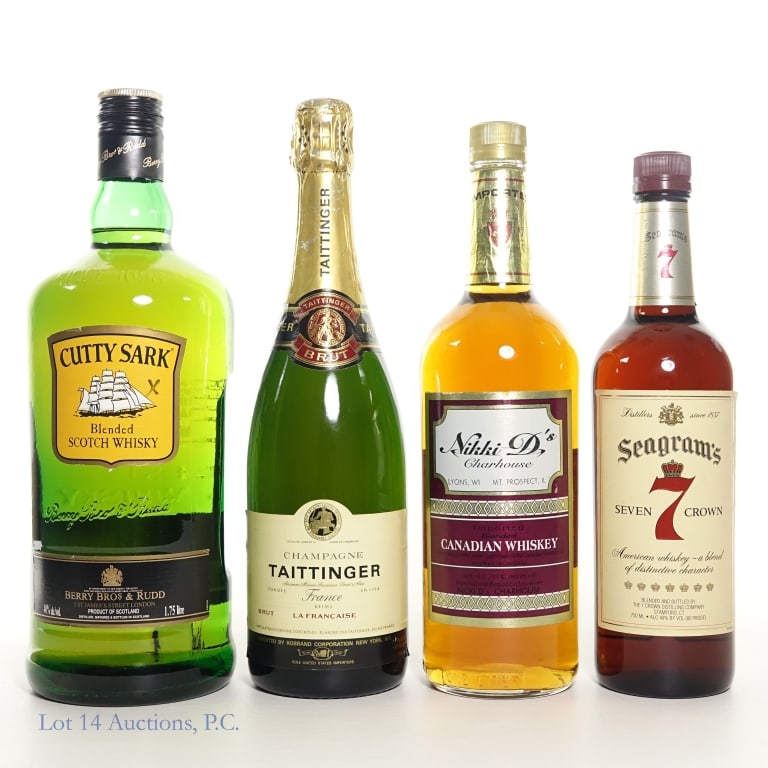 Cutty Sark, Seagram's, Taittinger, Nikki D's (4): Cutty Sark Blended Scotch, 80 proof, 1.75 litre ****** Seagram's Seven Crown Blended American Whiskey, 80 proof, 750ml ****** Nikki D's Charhouse Blended Canadian Whiskey, 80 proof, 1 liter ****** Tai