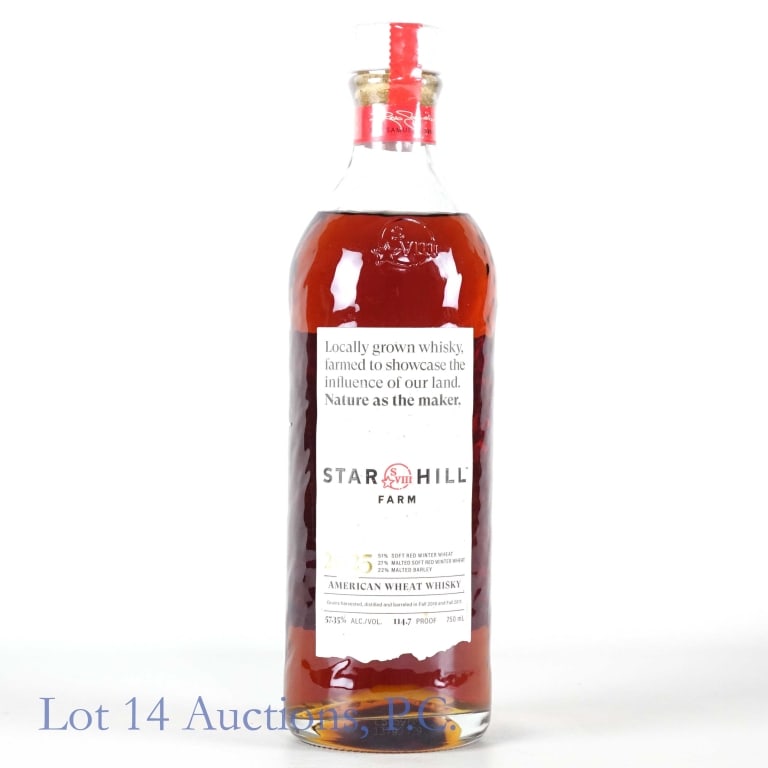 Star Hill Farm American Wheat Whisky (2025): 2025 Star Hill Farm American wheat whisky. 57.35% ABV (114.7 proof). 750 ml. Etch: L5059MMC 13799729. "Grains harvested, distilled, and barreled in Fall 2016 and Fall 2017".