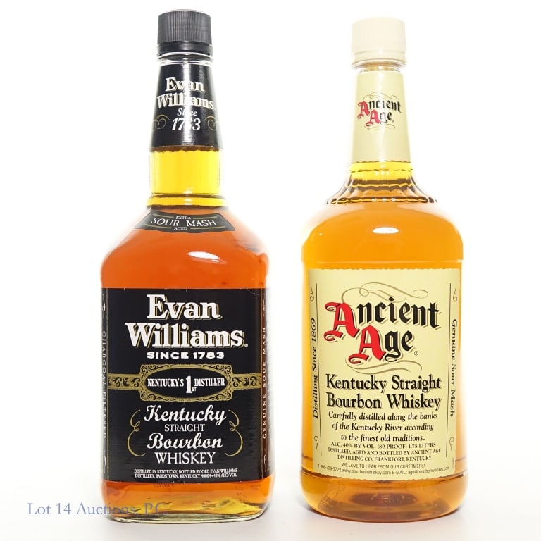Evan Williams & Ancient Age Bourbons (2 x 1.75L): Evan Williams Bourbon, 86 proof, 1.75L ****** Ancient Angel Bourbon, 80 proof, 1.75L.