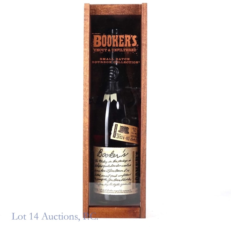 Booker's Bourbon Whiskey - Batch 2024-02: Booker's small batch Kentucky straight bourbon whiskey. Batch No. 2024-02 (The Beam House Batch). Aged 7 years, 2 months, 22 days. 62.3% ABV (124.6 proof). 750 ml. Etch: L4130CLA 672992247. Includes w