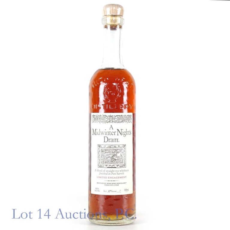 A Midwinter Night's Dram Rye Whiskey (A 13 S 7): A Midwinter Night's Dram blended straight rye whiskey finished in port barrels - Act 13, Scene 7. 49.3% ABV (98.6 proof). 750 ml. High West Distillery.