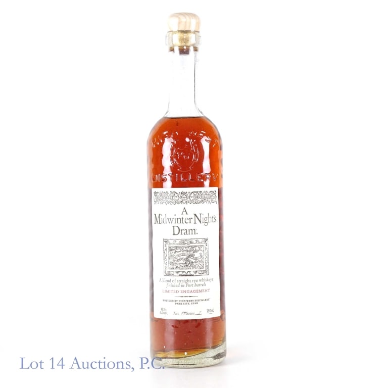 A Midwinter Night's Dram Rye Whiskey (A 13 S 7): A Midwinter Night's Dram blended straight rye whiskey finished in port barrels - Act 13, Scene 7. 49.3% ABV (98.6 proof). 750 ml. High West Distillery.