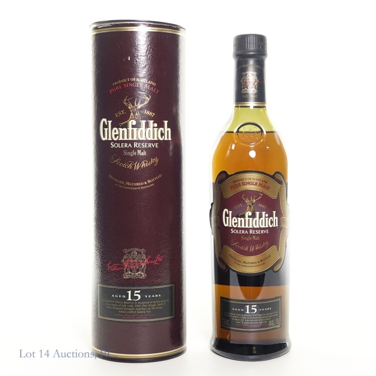 Glenfiddich 15 Year Solera Reserve SM Scotch: Glenfiddich 15 Year Solera Reserve Single Malt Scotch, 80 Proof, 750 ml, Cylinder tube included.