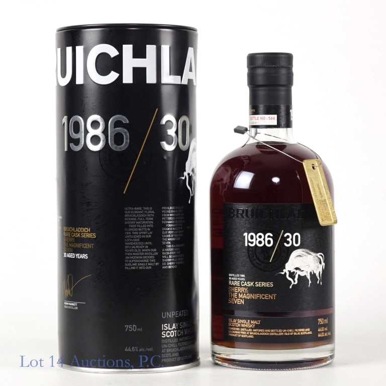 Bruichladdich 1986 / 30 Scotch - 30 Years: Bruichladdich 1986 / 30 Islay single malt Scotch whisky - Rare Cask Series - Sherry: The Magnificent Seven. Bottle No. 566 / 4200. Distilled 1986, aged 30 years. 44.6% ABV (89.2 proof). 750 ml. Includ