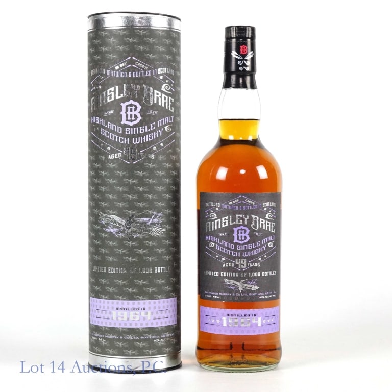 Ainsley Brae Scotch Whisky - 49 Yr (Ltd Ed): Ainsley Brae Highland single malt Scotch whisky. 49 years (distilled 1964). 40% ABV (80 proof). 750 ml. Limited edition of 1000 bottles. Original canister.