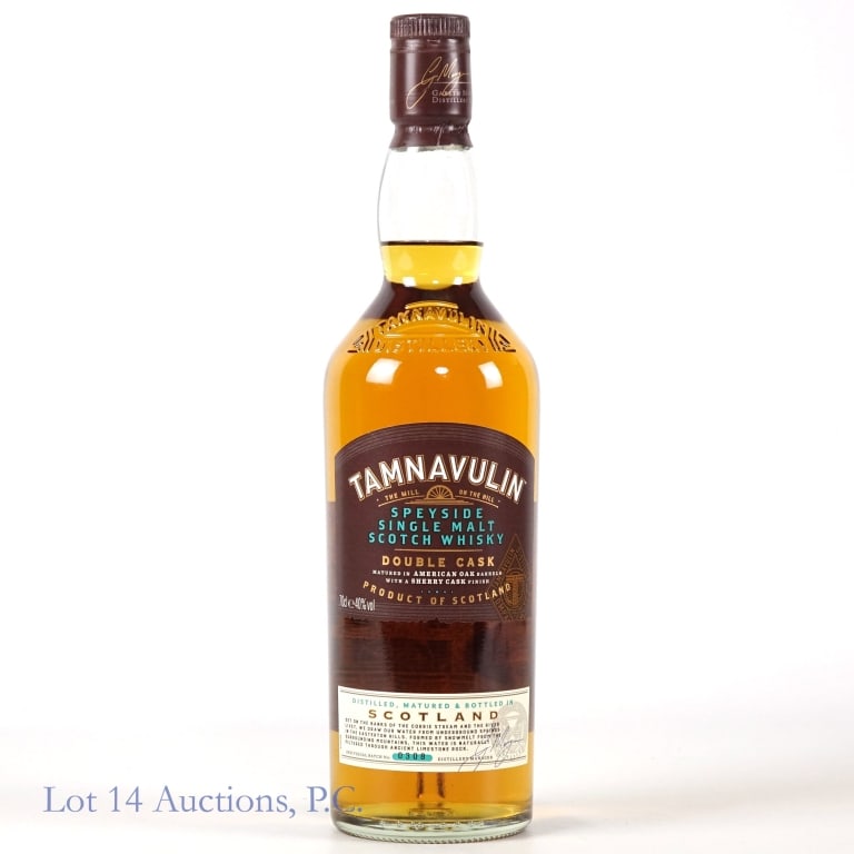 Tamnavulin Speyside Scotch Whisky (Batch 0308): Tamnavulin Speyside single malt Scotch whisky - Double Cask. Batch 0308. 40% ABV (80 proof). 70 cl (700 ml). Etch: 08:22 ?L8158 P/005247. "Matured in American oak barrels with a sherry cask finish".