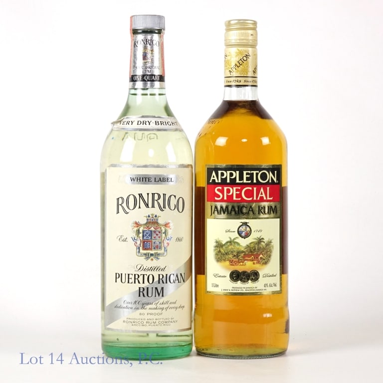 Appleton Special & Ronrico Rums: Two (2) bottles: Ronrico White Label distilled Puerto Rican rum. 80 proof. 1 quart. "54 18-72" embossed on bottom. U.S. Internal Revenue tax strip indicates 1961 - 1977. ***** Appleton Special Jamaica