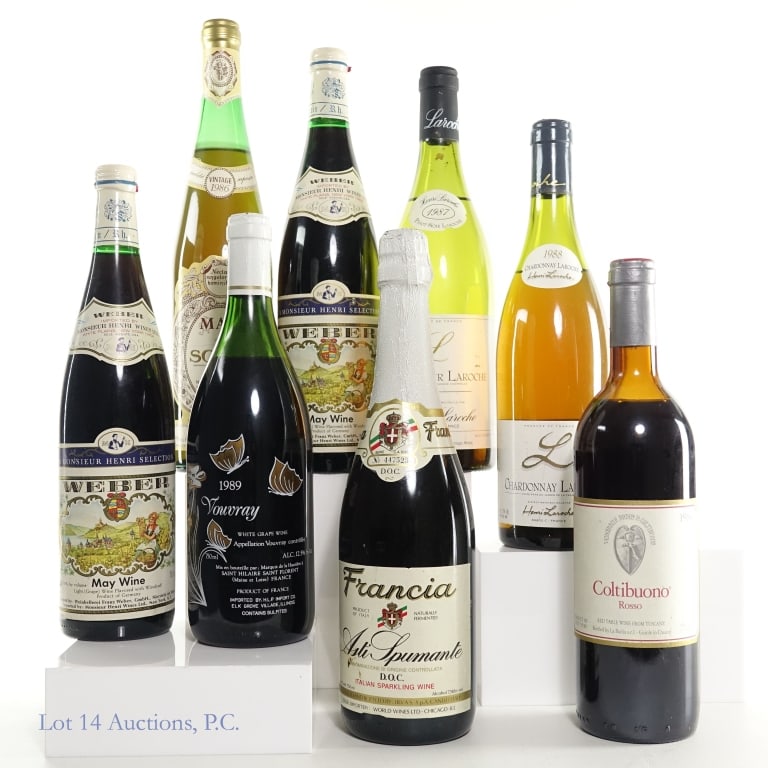 Vintage European Wines (8) NO SHIPPING: LOCAL PICK UP ONLY! Eight bottles of French, German, and Italian wines. Per consigner, all were stored vertically in a dark cabinet, and not subject to any extreme temperatures while in storage. Good