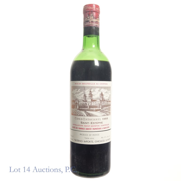 Chateau Cos d'Estournel,1966 Saint Estephe: Chateau Cos d'Estournel,1966 Saint Estephe. 3/4 Quart, 12%abv. Please see photos for fill level and bottle, capsule, cork and label conditions. Per consigner, these bottles were stored horizontally in