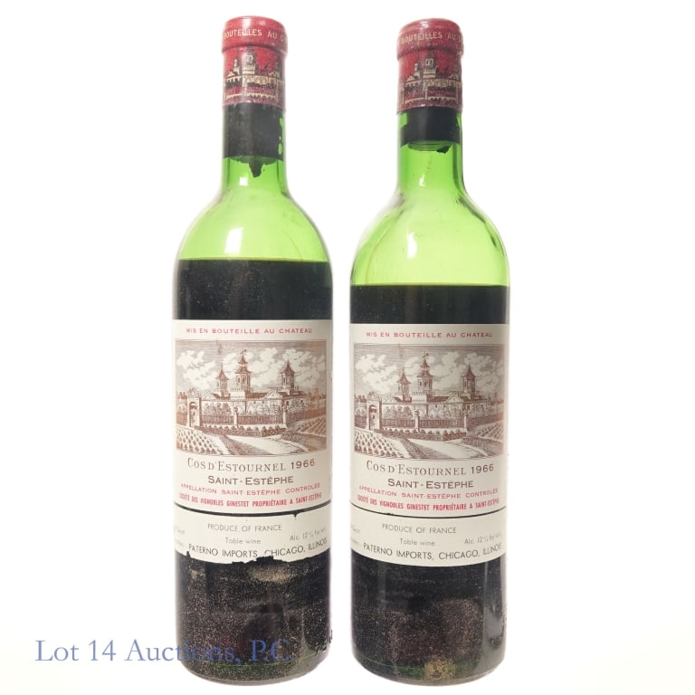 Chateau Cos d'Estournel,1966 Saint Estephe, 2**: 2 Bottles - CAPSULE DAMAGE AND LOW FILL. Chateau Cos d'Estournel,1966 Saint Estephe. 3/4 Quart, 12%abv. Please see photos for fill level and bottle, capsule, cork and label conditions. Per consigner,