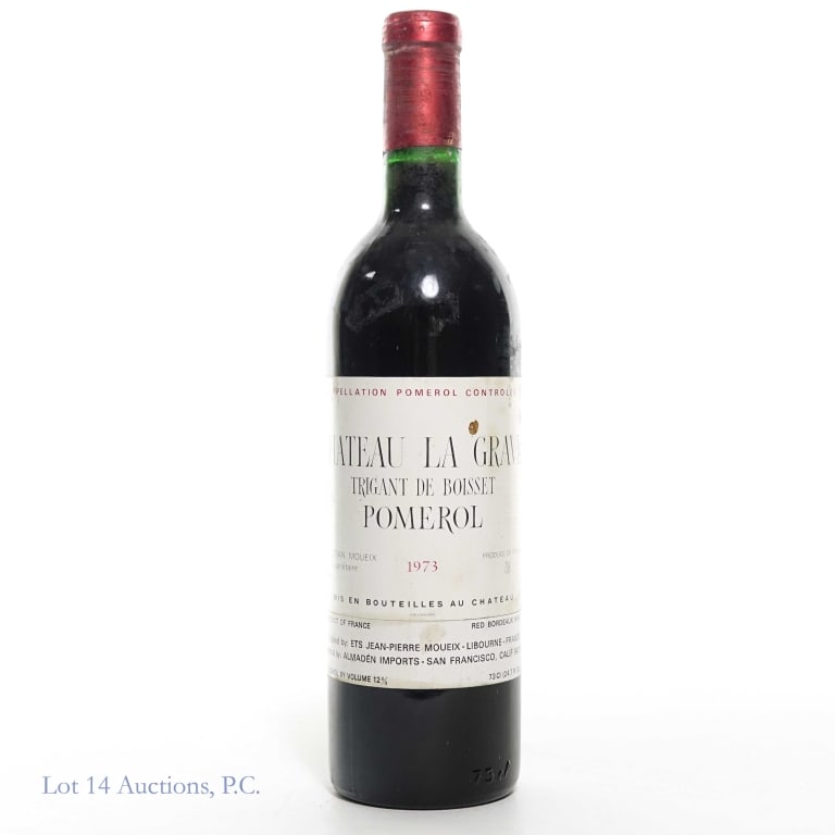 1973 Chateau La Grave a Pomerol Bordeaux: 1973 Chateau La Grave a Pomerol Trigant de Boisset, 12% ABV, 73cl, Vintage: 1973, Region: Bordeaux, Appellation: Pomerol. Some staining on the label and the foil.