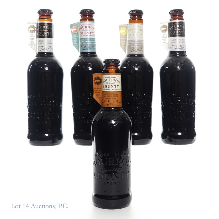 Goose Island Bourbon County Stout 2020-21 (5): Five (5) bottles of Goose Island Bourbon County stouts: 2020 Stout 14.6% ABV, 2020 #4 Stout 13.3% ABV, 2020 Kentucky Fog Stout 14.1% ABV, 2021 Stout 14.4% ABV and 2021 Cherry Wood Stout 14.2% ABV. 1 p
