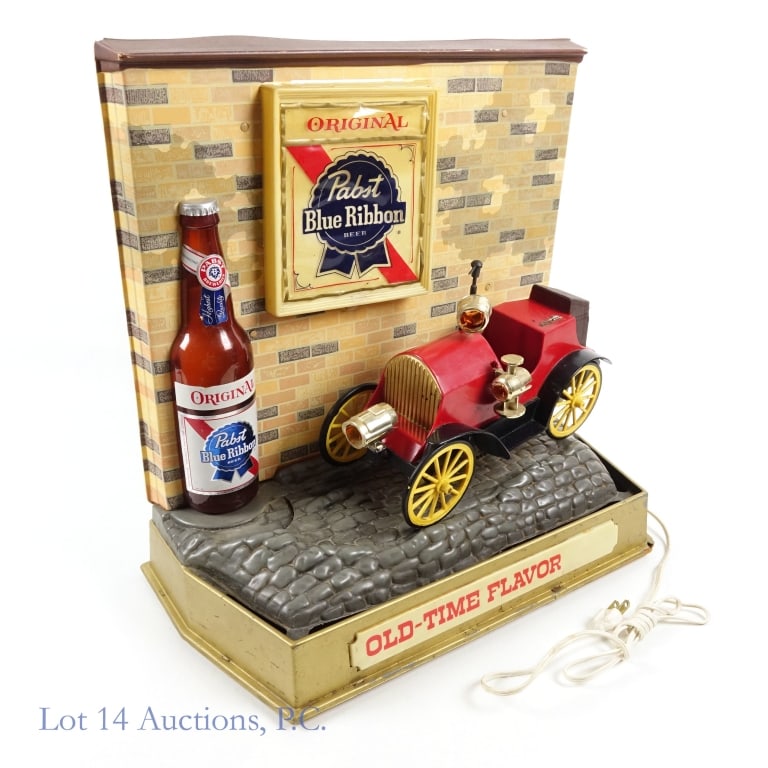 Vintage Pabst Blue Ribbon PBR Bar Sign: LOCAL PICK UP OR THIRD PARTY SHIPPING ONLY******Vintage Pabst Blue Ribbon PBR light up motion bar sign. Sign was tested and wheels on the car are turning, however it does not light up. Car seat and dr