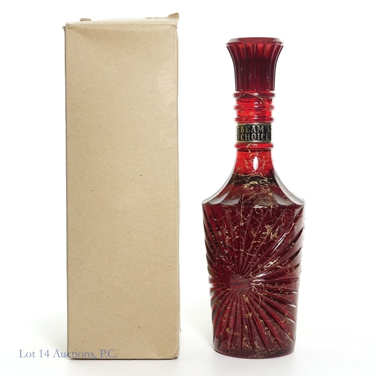 Beam's Choice 8 Yr Bourbon Red Starburst Decanter: Jim Beam Beam's Choice 8 Years Old Bourbon in "Red Starburst" decanter, 86 proof, 4/5 quart. 1960s / 1970s Series 112 tax strip fully intact with some discoloration and staining. "74" glass molding. T