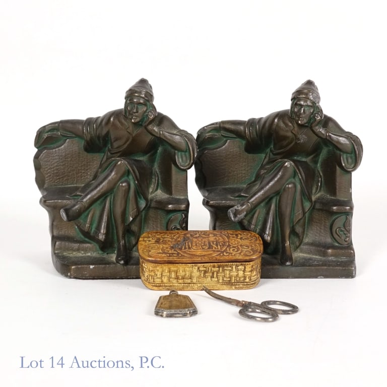 Bookends, Snuff Box, Sterling Bottle & Scissors: Vintage Mantarani's Dante bookends. Cast gray metal with bronze finish. Approximately 6" x 5" x 4" each ****** 19th century German birch bark snuff box ****** Webster Co. Art Deco hammered sterling si
