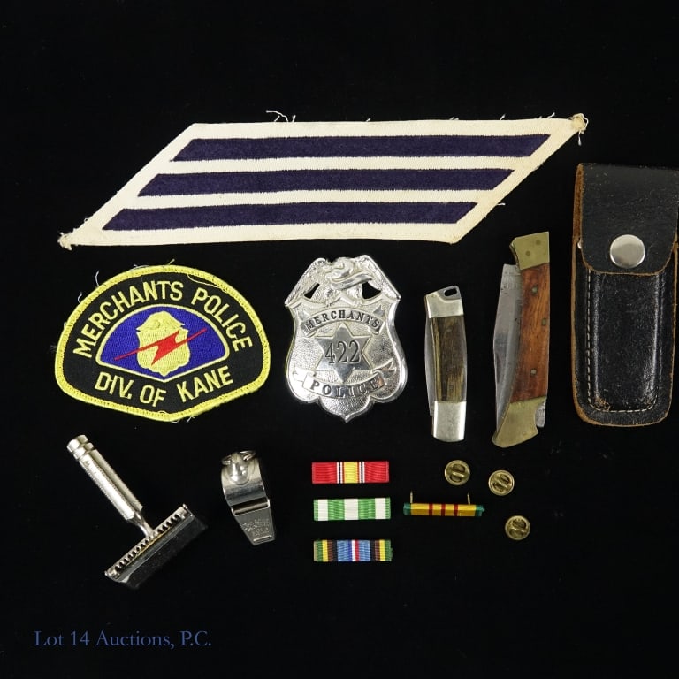 Granddad's Junk Drawer Of Treasure: Collection of interesting memorabilia. There is a Merchants Police badge along with a patch from Merchants Police (these are most likely from a private security company). There are also two small pock