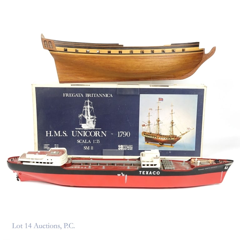 Fregata Britannica Unicorn & SS Texaco Ships: Fregata Britannica Unicorn & SS Texaco Ships. Pair of ships for ship enthusiasts. Texaco S.S. North Dakota oil ocean tanker by AMF Wen-Mac, 27" long - missing rudder, part of propeller and more. Parti