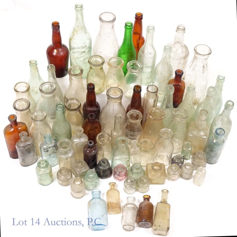 Vintage Bottles, Apothecary, Milk, Beer (70+): More than 70 vintage bottles. Various shapes and sizes. Apothecary, milk, beer, soda and more. See photos for details.