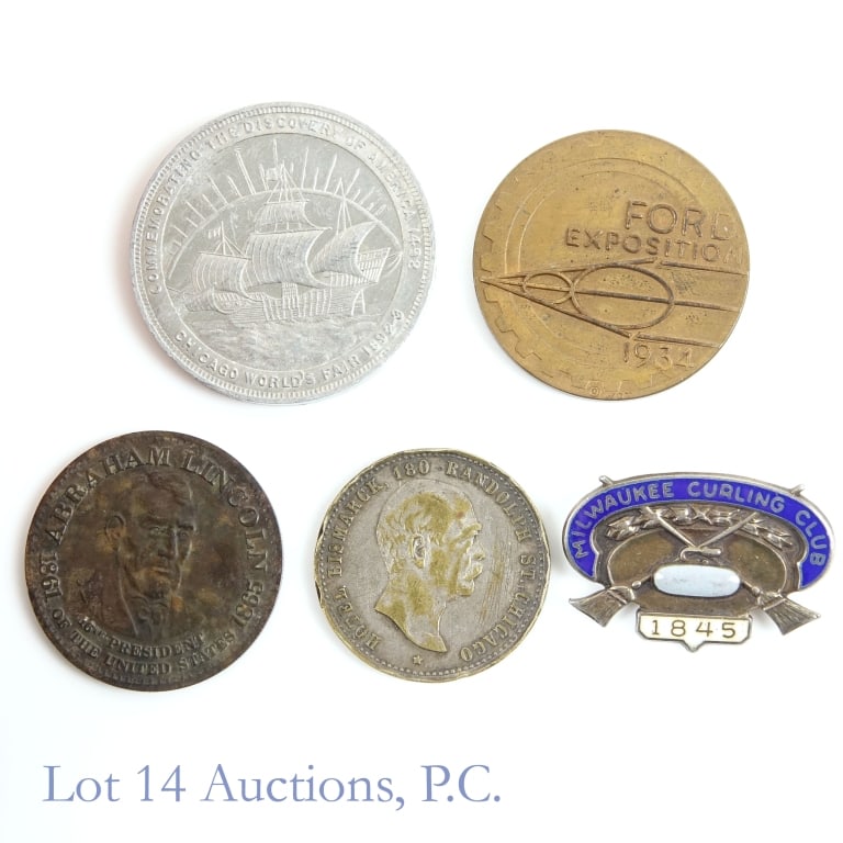 Various USA Exonumia Items (5): Five (5) United States exonumia items as follows: ---1845 Milwaukee Curling Club sterling silver pin (mfg R & U Co.); ---aluminum fair medal: obverse 1903-04 obverse Louisiana Purchase - Worlds Fair S