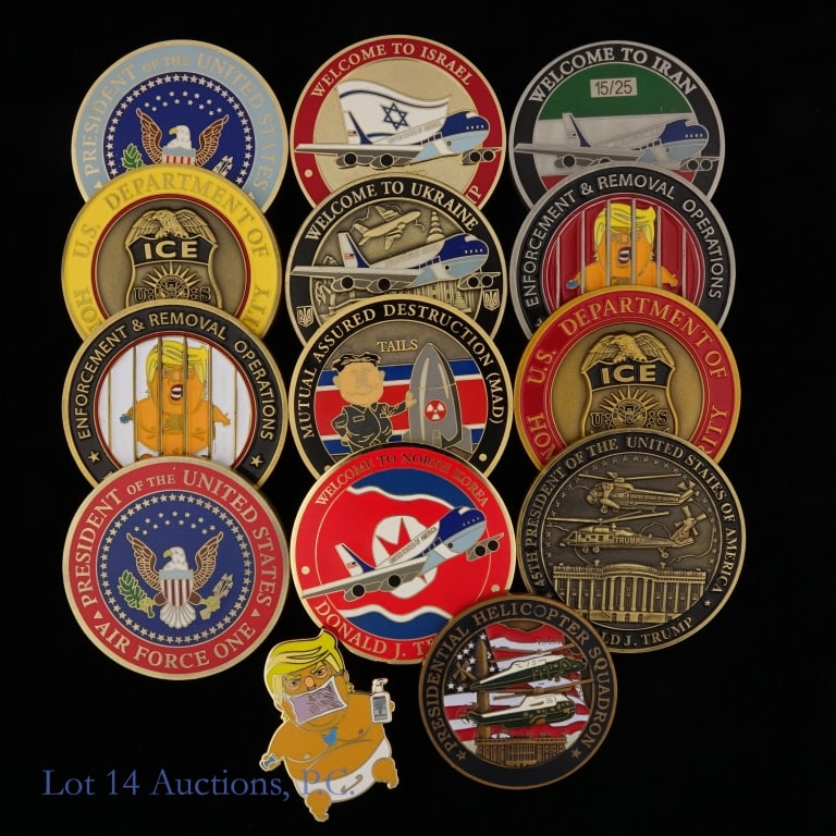Miscellaneous Presidential Challenge Coins (13): Thirteen (13) miscellaneous presidential challenge coins and one (1) pin. See photos for details. Please also look at our coins, bullion, currency and exonumia, starting at lot number 601!