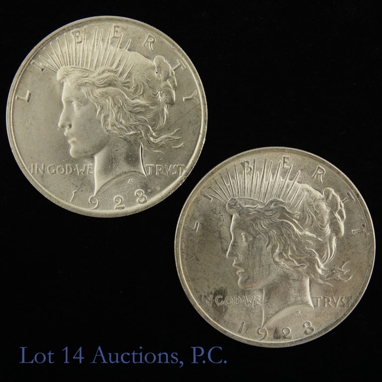 1923 (P) USA 90%-Silver Peace Dollars, 2: Two (2) 1923 United States silver peace dollar (Philadelphia Mint). Per consigner, fresh looking with incredible luster in CH to CH BU condition. Both coins plucked from an original roll. Metal is 90%